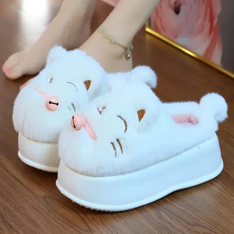 Fashion girl lovely white cat cotton slippers new 2024 winter women fur slides slippers warm comfort indoor home platform fluffy slipper
