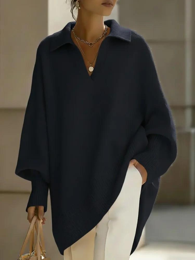 Spring 2026 Women's Lapel Casual Loose Lantern Sleeve Sweater - Solid Color