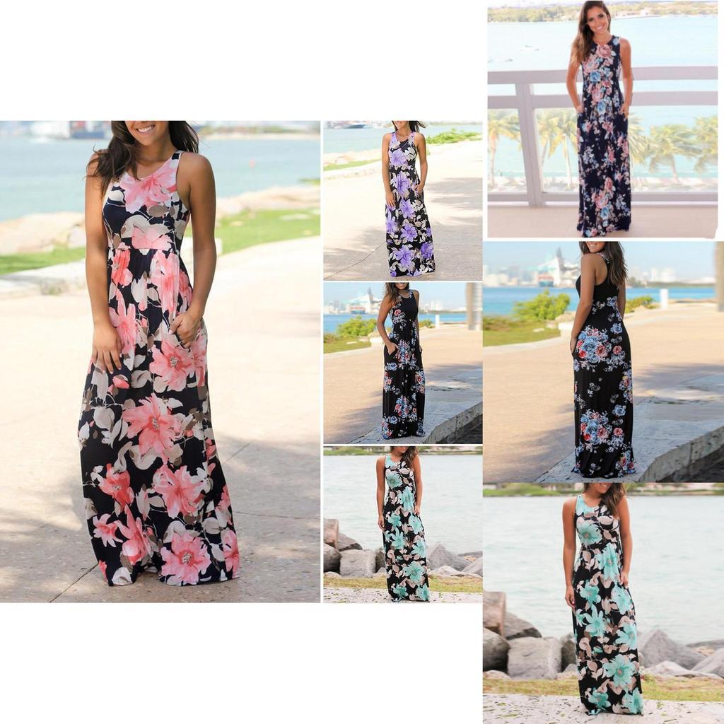 Summer Women's Elegant Casual Sleeveless Floral Printed Beach Dress Long Sundress