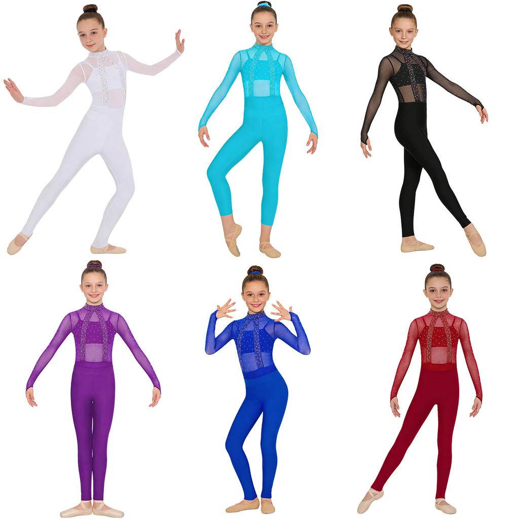 Leotard für Mädchen für Auftritte mit funkelnden Strasssteinen & Netzoberteil: Rollkragen Langarm Cut-out Rücken, Mit passendem Unterhemd, Leggings & Haarband