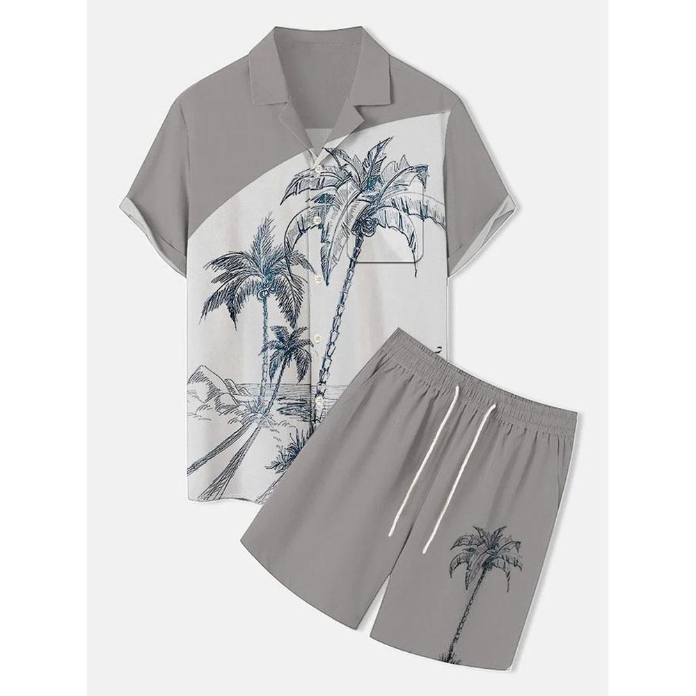 Herren Freizeitshirt mit Palmenblattdruck Hawaiianische Herren Outdoor-Badeshorts Sommer Alltags-Herren Kurzarmhemd und Shorts Set