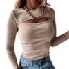 Women's 2024 Ribbed Hollowed-Out Long-Sleeve Top - Sexy Fashion with Chest-Revealing Design
