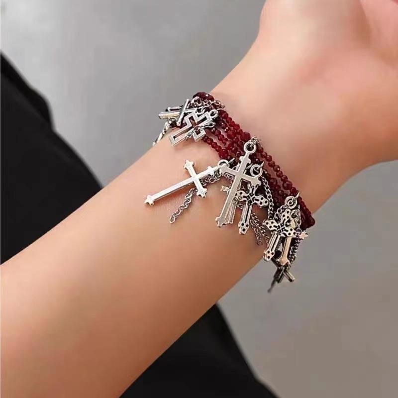 

Cross Dark Punk Style Necklace Geometric Shape Tassel Choker For Travel Souvenir Red Crystal Bracelet