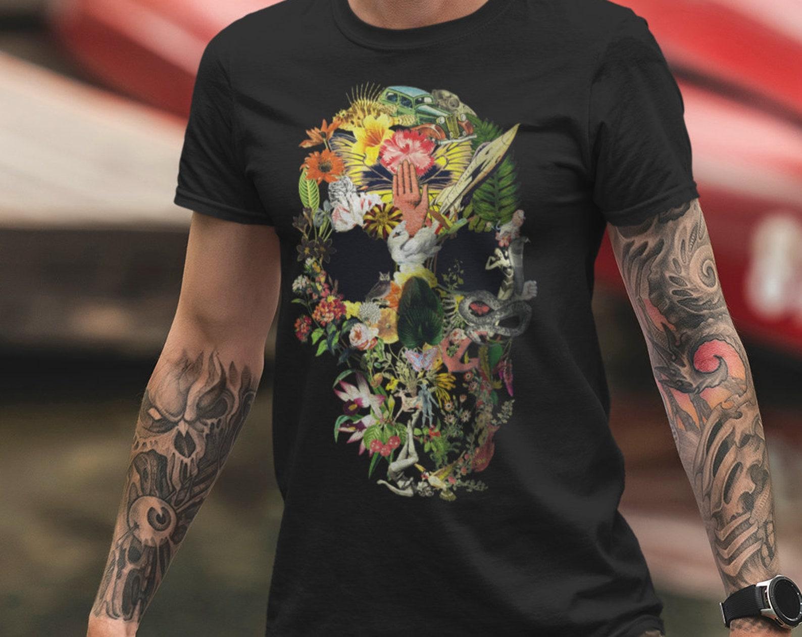 Floral Skull Art T-Shirt: Gothic Sugar Skull Print, Bella Canvas Tee 4XL