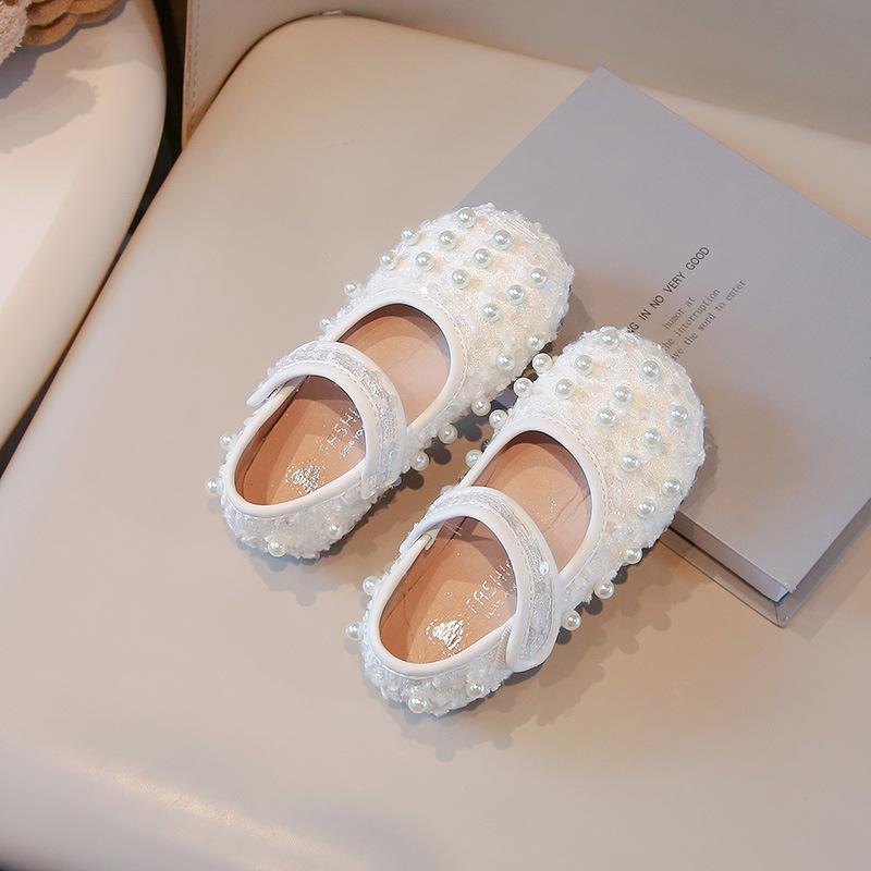 Girls Dance Shoes Elegant Round Toes Kids Flat Shoes Non-slip Soft Sole 2025 New Girls Princess Shoes with Sweet Pearl Ins Trend