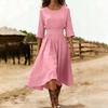 Damen Baumwoll-Leinen Midi Kleid Lässig Rundhalsausschnitt Langarm Schwingkleid Sommer Falten A-Linie Fließendes Kleid
