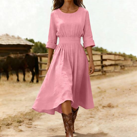 Damen Baumwoll-Leinen Midi Kleid Lässig Rundhalsausschnitt Langarm Schwingkleid Sommer Falten A-Linie Fließendes Kleid