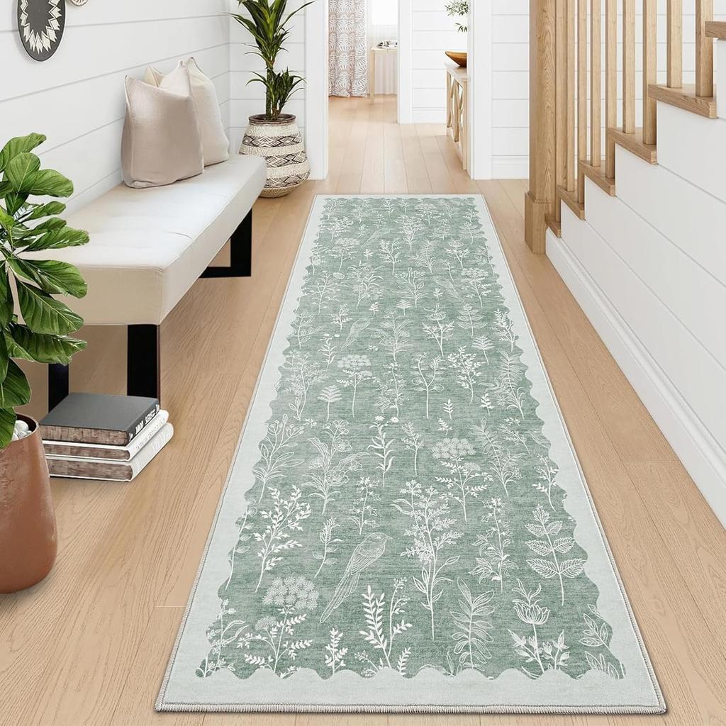 Green Kitchen Carpet Small Fresh Plant Flower Print Runner Fashion Minimalist Machine Washable Foldable Non-Slip Corridor Mat
