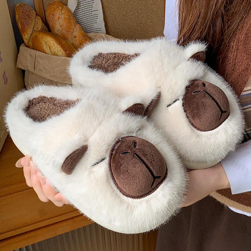 Fashion Capybara Women Cotton Slippers Cartoon Couple Non-Slip Warm Indoor Home Slippers Plush Fluffy Winter Comfortable Floor Slippers