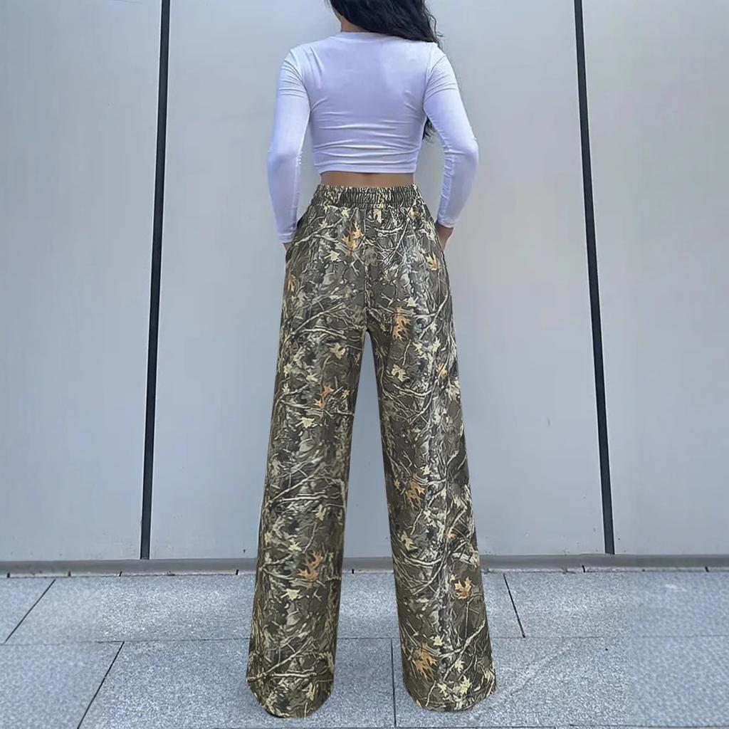 Girls' Fashionable Casual Waist Cinching Camouflage Printed Wide Leg Loose Straight Leg Pants In Spring, Summer, and Autumn