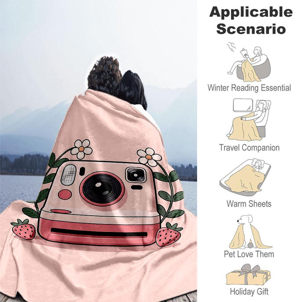 1pc Camera Strawberry Outdoor Flannel Blanket Soft Warm All-Season Throw for Sofa Bed Car Camping Office, Cozy Gift Idea1197S