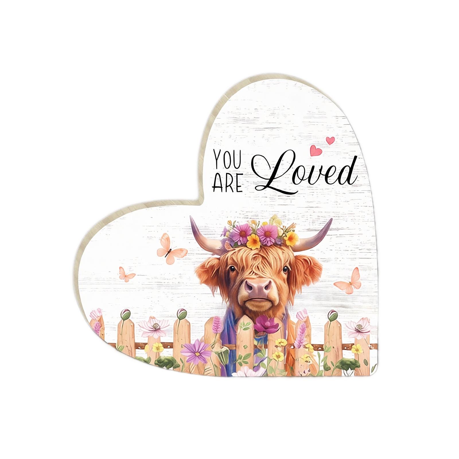 Wooden Heart Shaped Highland Cow Figurine with Floral Crown Desktop Ornament Home Office Shelf Decoration One Size