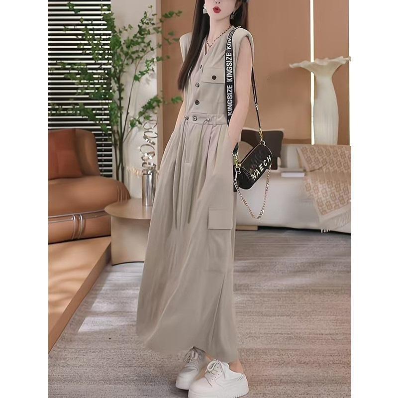 Premium Temperament Tooling Dress Women's Summer Large Size Fat Waist Drawstring Sleeveless Vest Long Skirt