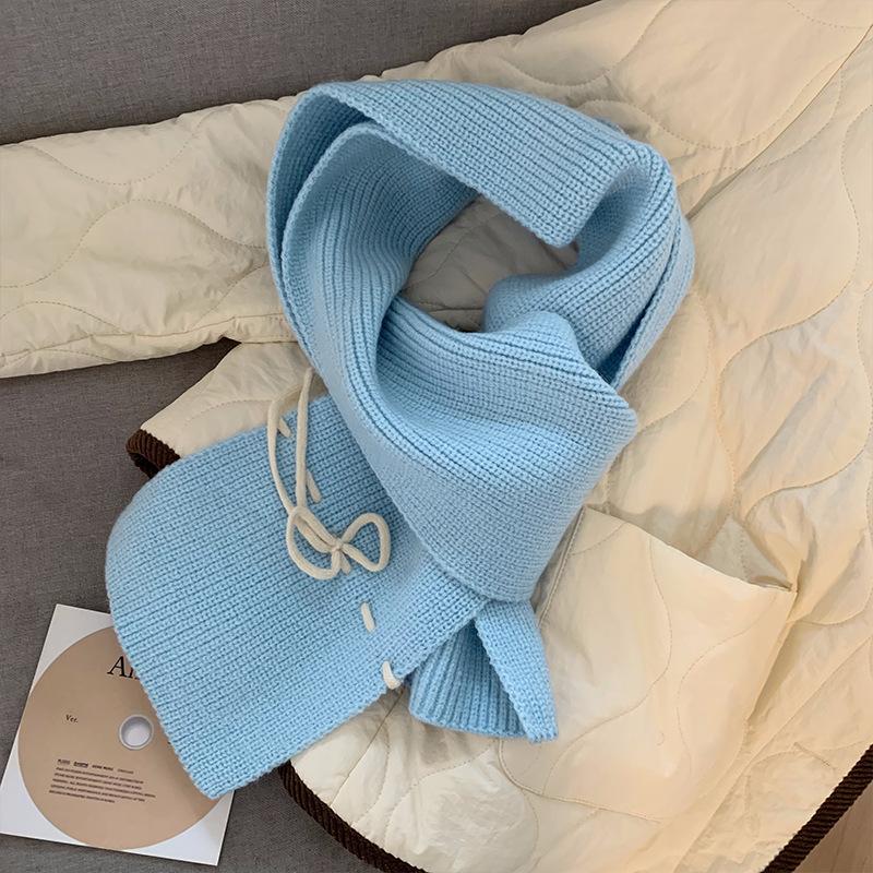 Korean Style Red Bow Woolen Scarf for Women in Autumn and Winter Thickened Warm Neck Protection Knitted Shawl Scarf Winter