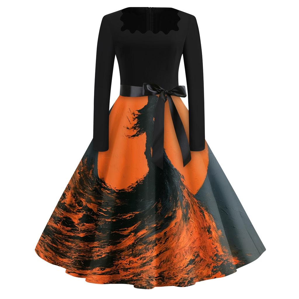 Women's Casual Vintage Dress with Halloween Print Square Neck for Daily Wear