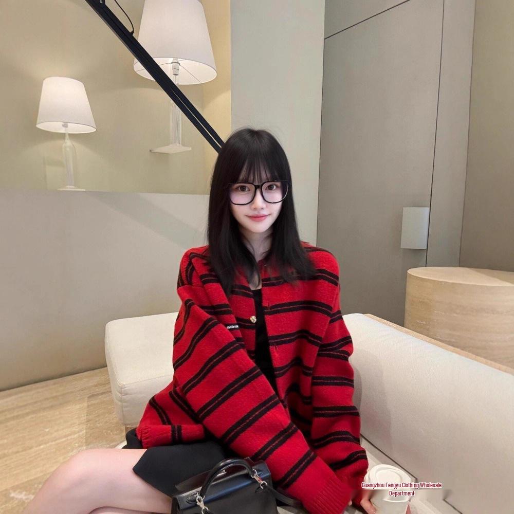 MIU Czerwony Pasiasty Dzianinowy Kardigan Damski - Patch z Listem Świątecznym Luźny Top Jesienno-Zimowy