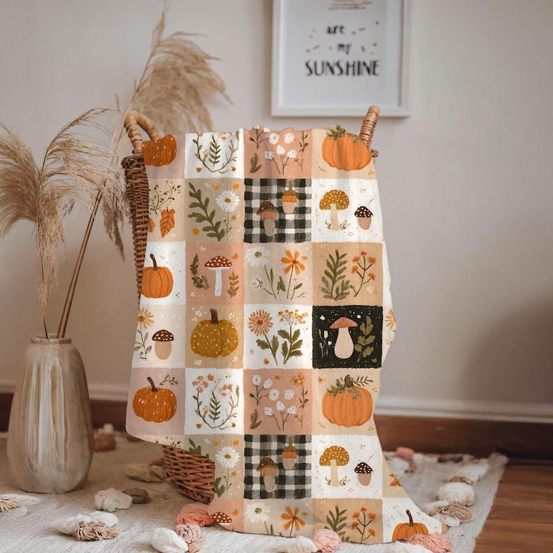 Autumn Patchwork Pumpkin Blanket | Velveteen Plush Fall Harvest Throw Farmhouse Decor