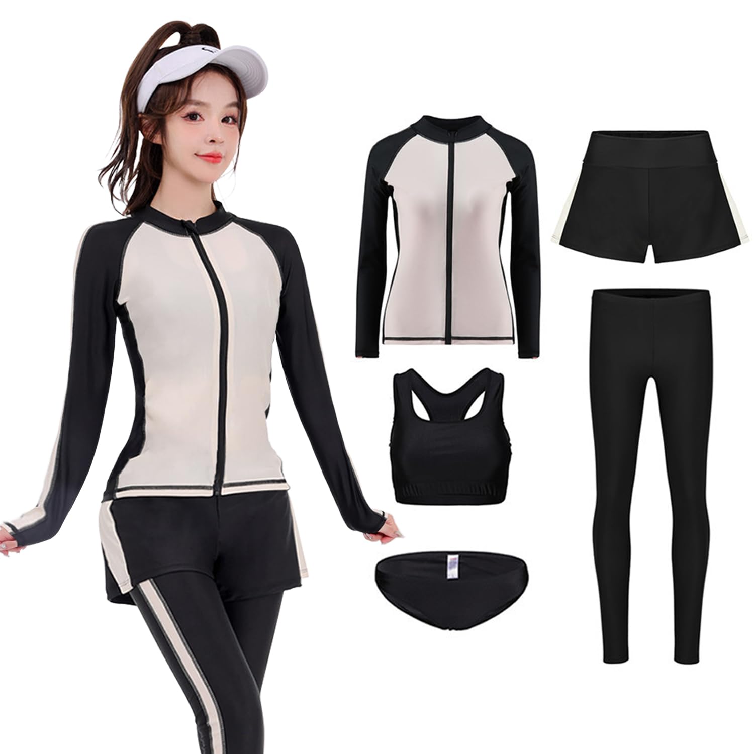 

Рашгард для тела UV Длинный рукав Передний короткий Пот Быстросохнущий Амфибийный Комплект E x [Ttoitv] Женский, Комплект из 5 предметов, Купальник, Покрытие, Защита, Леггинсы,