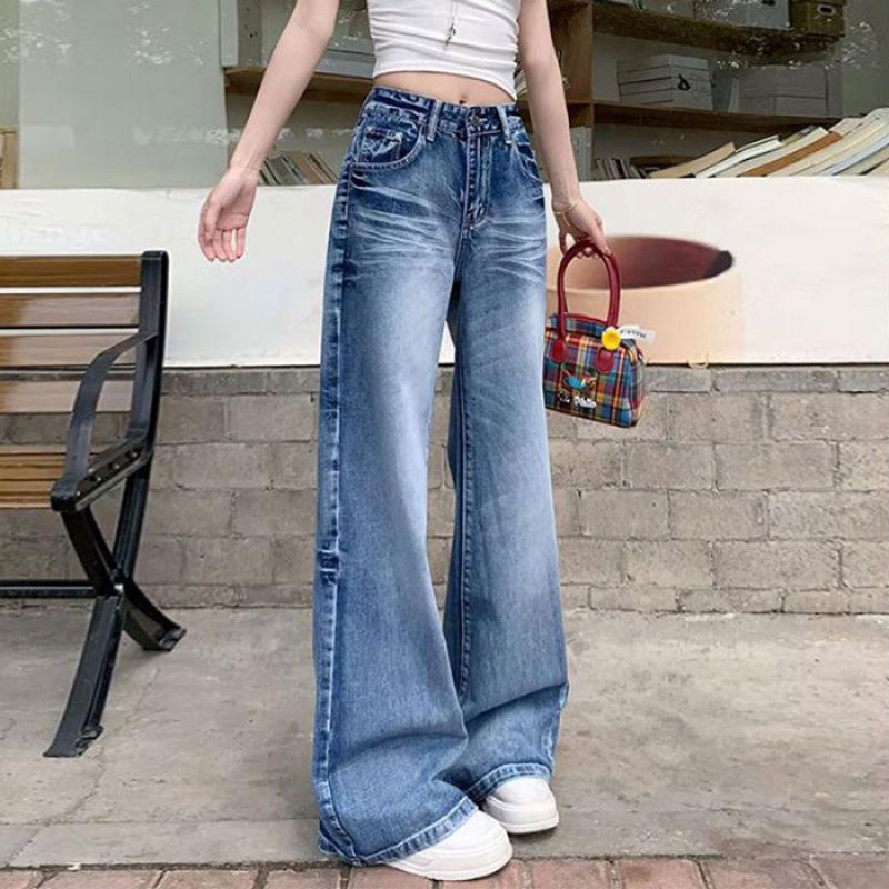 Plus Size High-Waisted Retro Creased Micro-Flare Wide-Leg Bell Bottom Jeans for Women