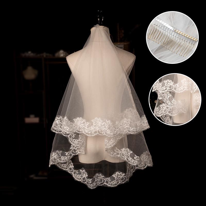 European & American Single-Layer Off-White Bridal Veil with Lace Edge