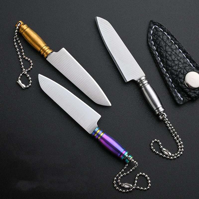 Mini Stainless Steel Sharp Blade Fixed Blade Knife Portable Pocket Keychain Unpacking Knife Camping Survival With Leather Case