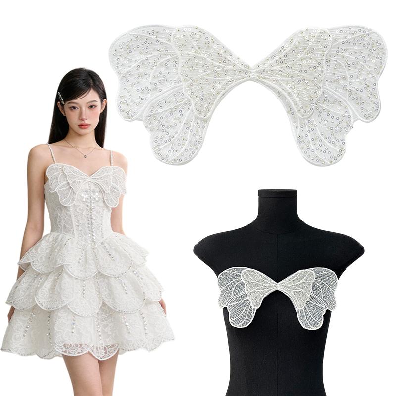 2pcs Sequin Beading Organza Embroidery Bow Lace Patches Butterfly Sewing Appliques Sew On for Women's Clothing Wedding Gown