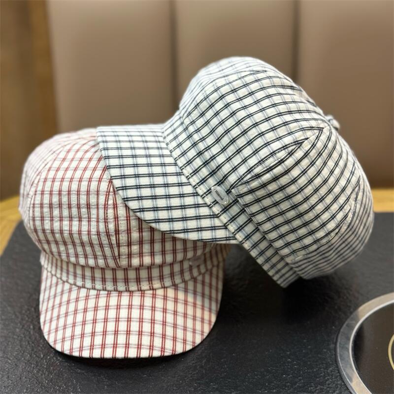 Spring Summer Vintage Stripe Octagonal Beret Hat Women Newsboy Cap Wide Brim Casual All-match Thin Sweet Hat