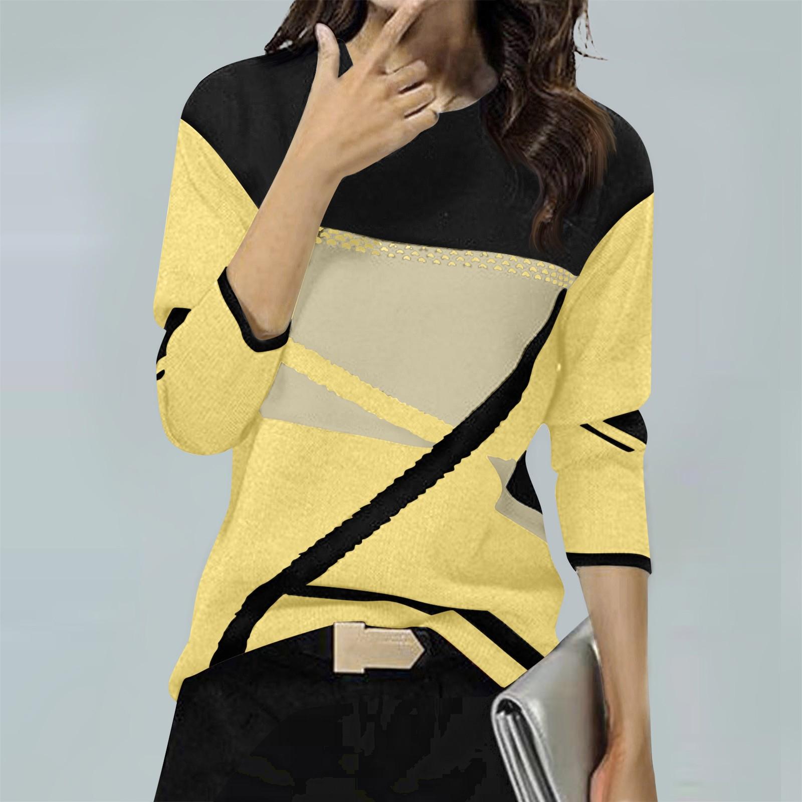 

Жіночий зимовий модний новий топ з довгими рукавами з круглим вирізом і принтом із позиціонуванням контрастного кольору XL жовтий