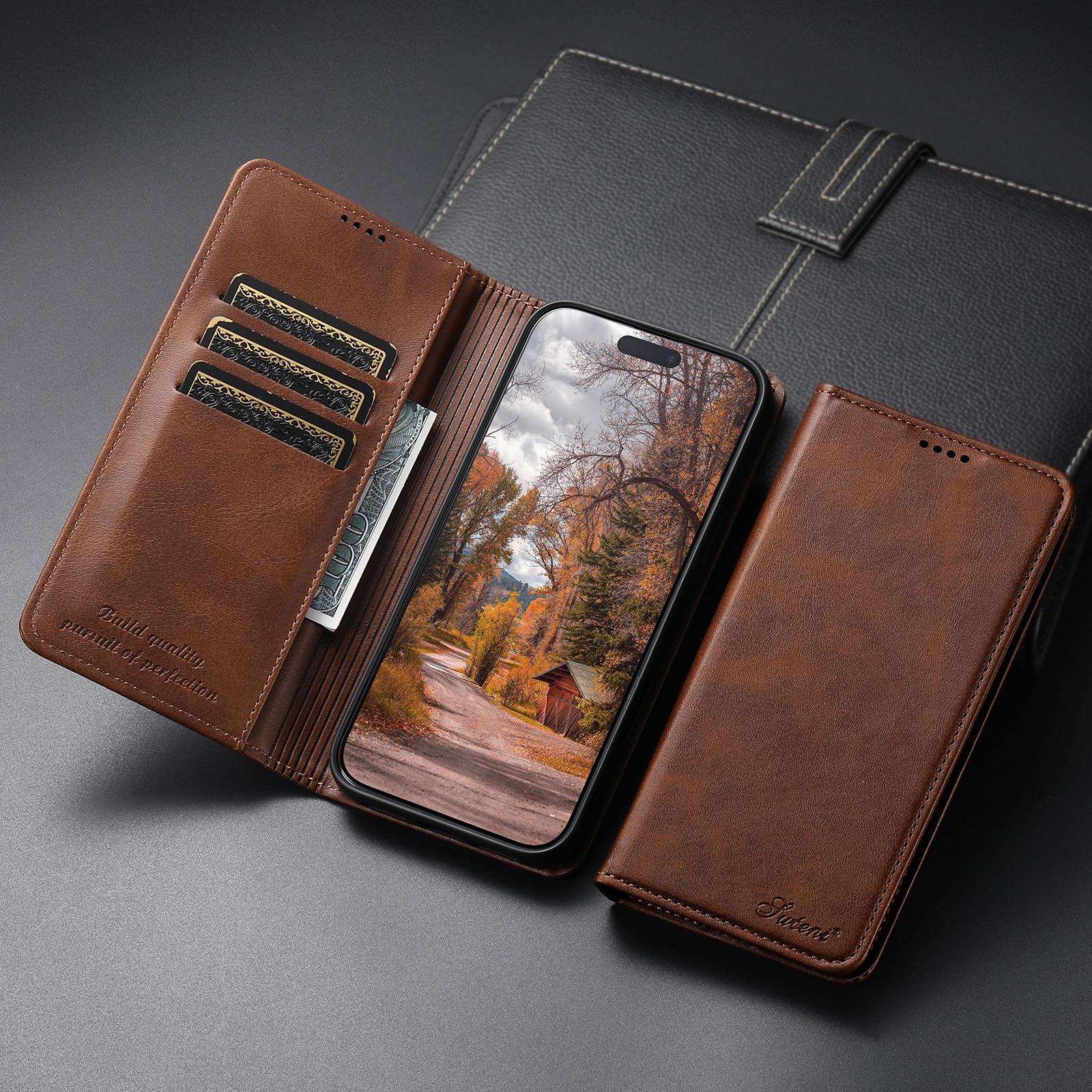 

Совместимый с iPhone 17 Pro Max и Samsung S25 Ultra кожаный чехол-книжка с отделением для карт и подставкой iPhone 16 коричневый