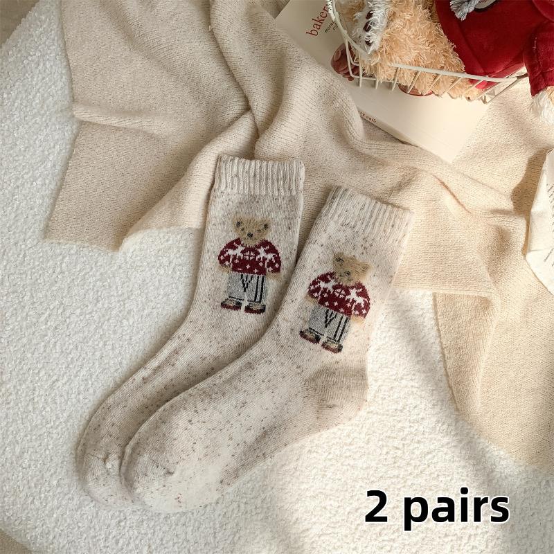 2/5Pairs Cartoon Cute Little Bear Mid-Calf Socks For Women Fashion Autumn And Winter Thickened Warm Socks Christmas Gifts