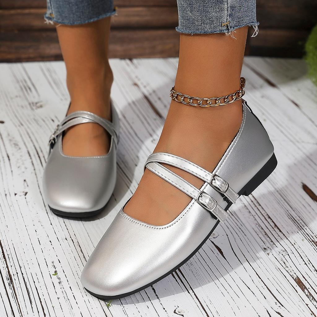 Damen Mary Jane Ballerinas mit breiter Weite und eckiger Spitze - Französisch inspirierte tief ausgeschnittene Slipper für Frühling/Herbst, Koreanischer Stil