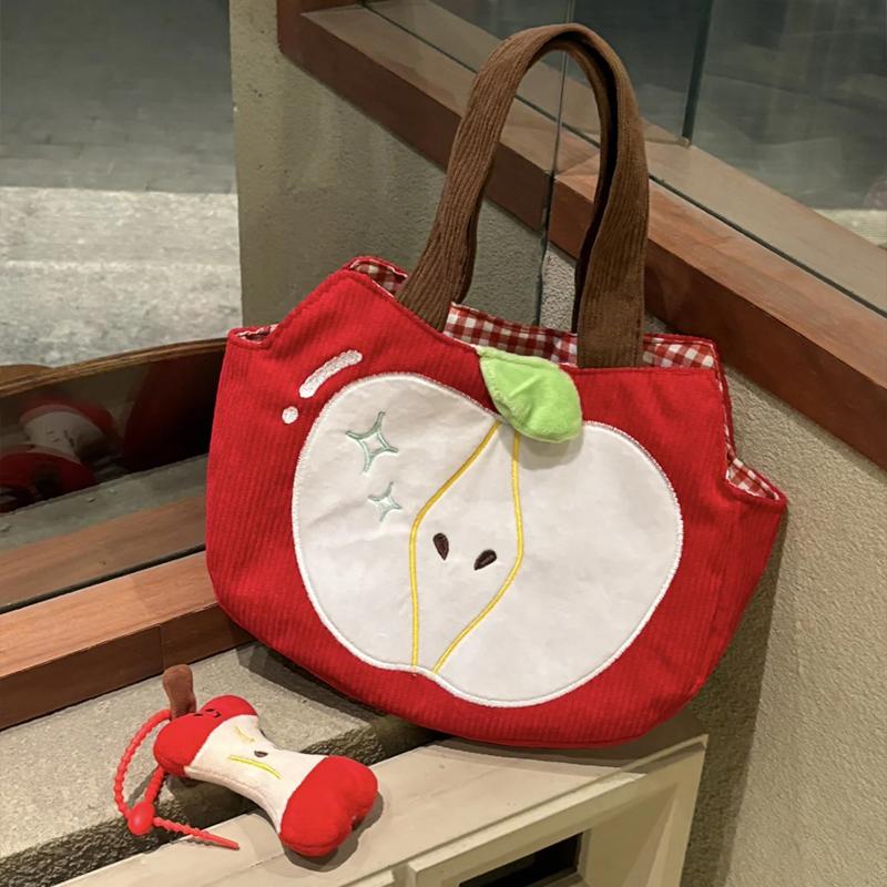 Red Apple Handbag Creative Cute Corduroy Shoulder Bag Stylish Outing Canvas Bag With Apple Pendant Casual Versatile Shoulder Bag