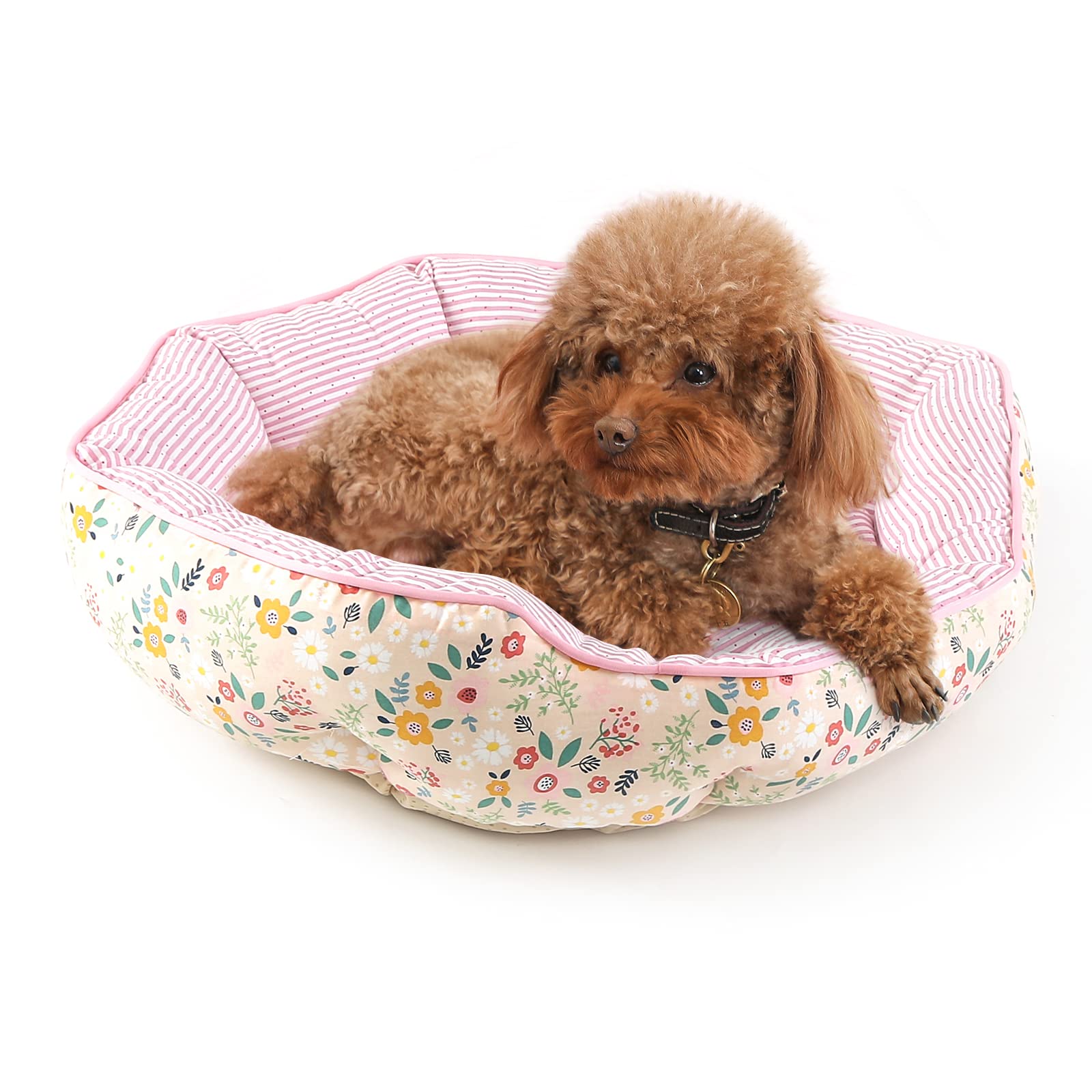 

Кровать для домашних животных JEMA Cotton Fluffy Round, подходит для всех, с цветочным бежевым 100% кровать/подушка для собаки, нескользящая, моющаяся, сезоны, весна, лето, осень,