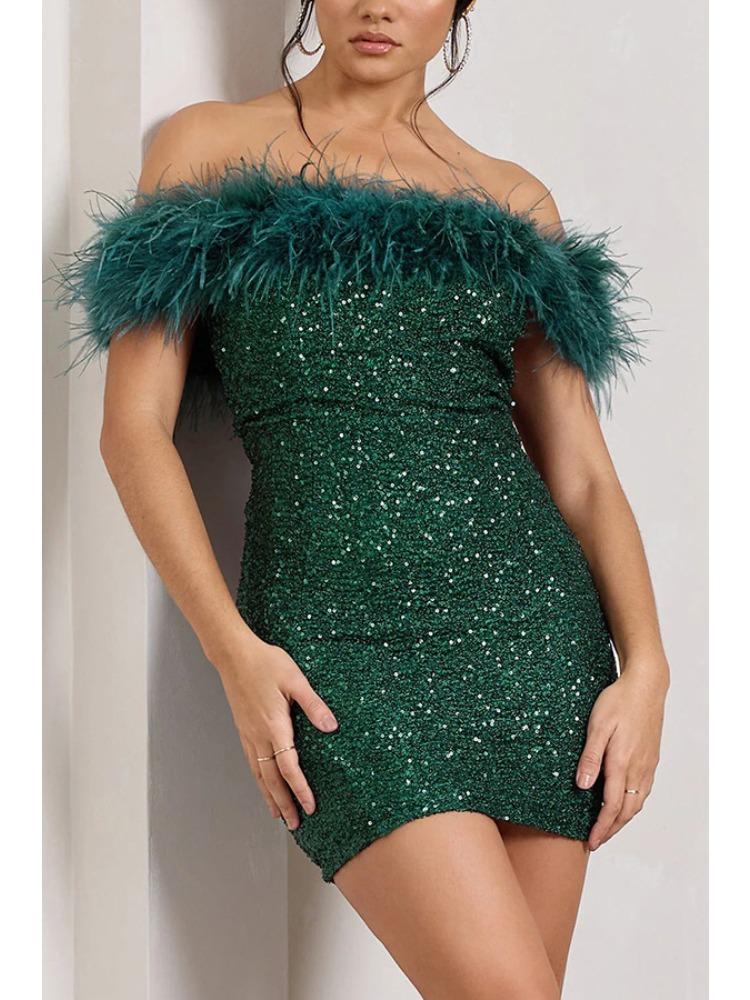 

Модное женское блестящее мини-платье с перьями, классическое черное облегающее платье с открытыми плечами, короткое вечернее платье для женщин L зелёный