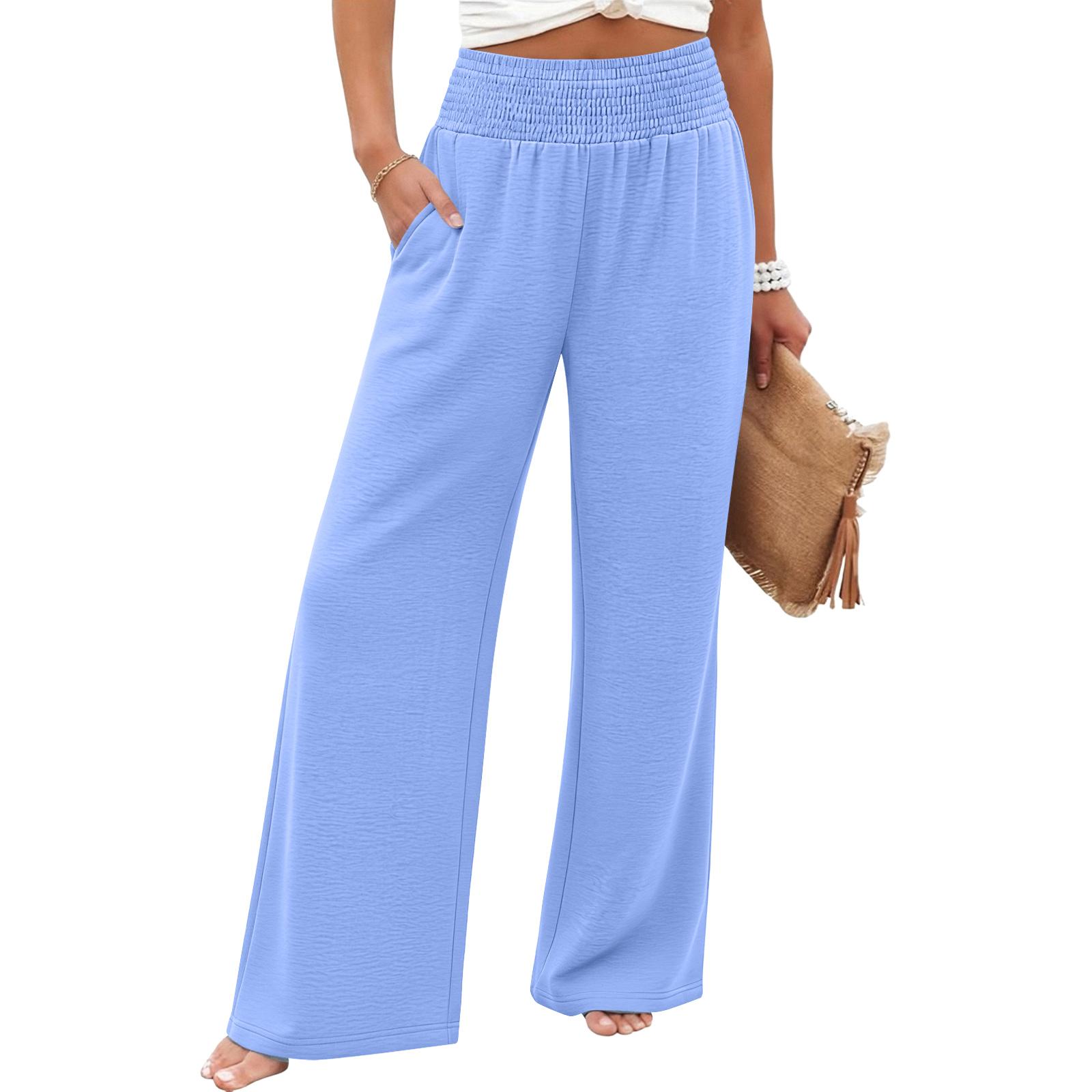 

Women s Fashion Wide Leg Pants High Waist Belt Pocket Color Loose Casual Pants S синій