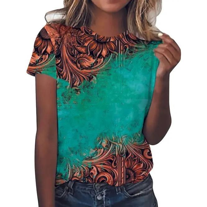 Summer Round Neck 3D Flower Butterfly Pattern Print Top Fashionable Casual Retro Short Sleeved Women's T-shirts