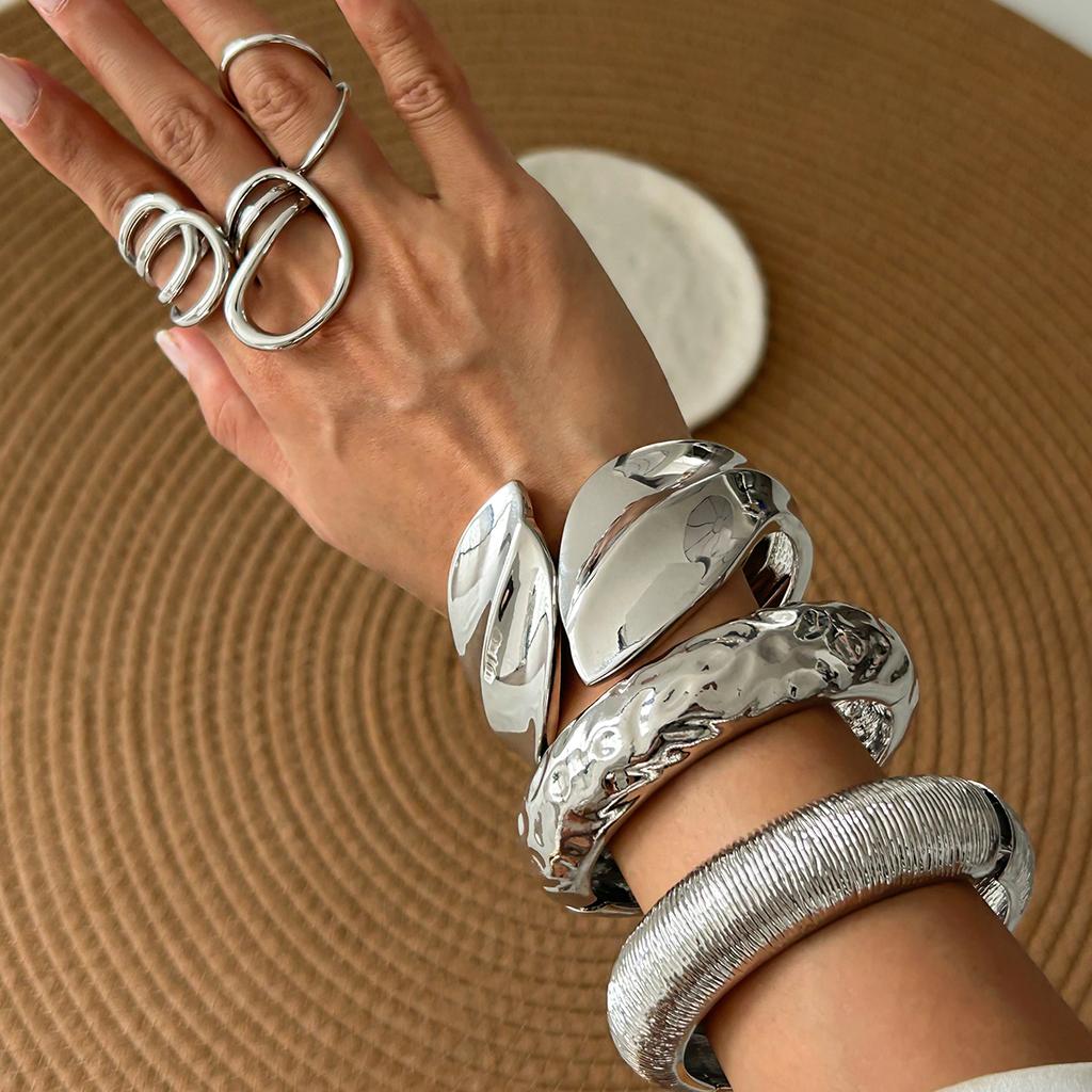 PuRui Exaggerated Heavy Metal Chunky Wide Cuff Bangles for Women Punk Geometric Spring Arm Bracelets Men Jewelry Steampunk