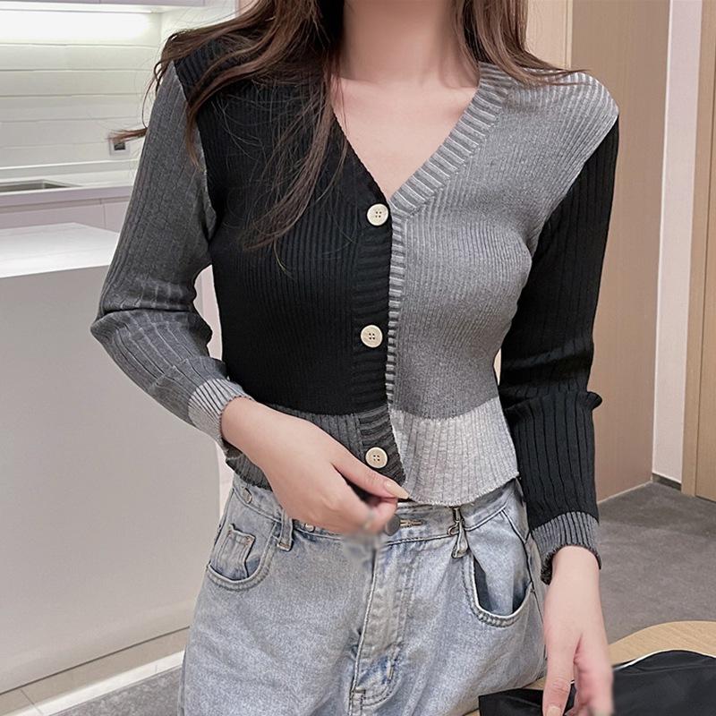 

Необычный кардиган, укороченный лоскутный свитер, женский уличный свитер с длинным рукавом и v-образным вырезом, тонкий трикотаж, элегантные шикарные вязаные топы One Size