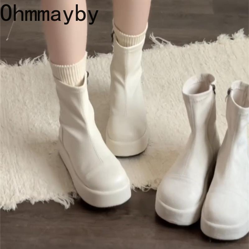 Winter Chunky Elastic Slim Woman Ankle Boots Fashion Platform Flats Shoes Female Cosy Soft Leather Mordern Short Booties