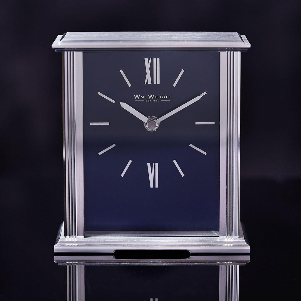 Wm.Widdop Silver Mantel Clock Navy Blue Dial