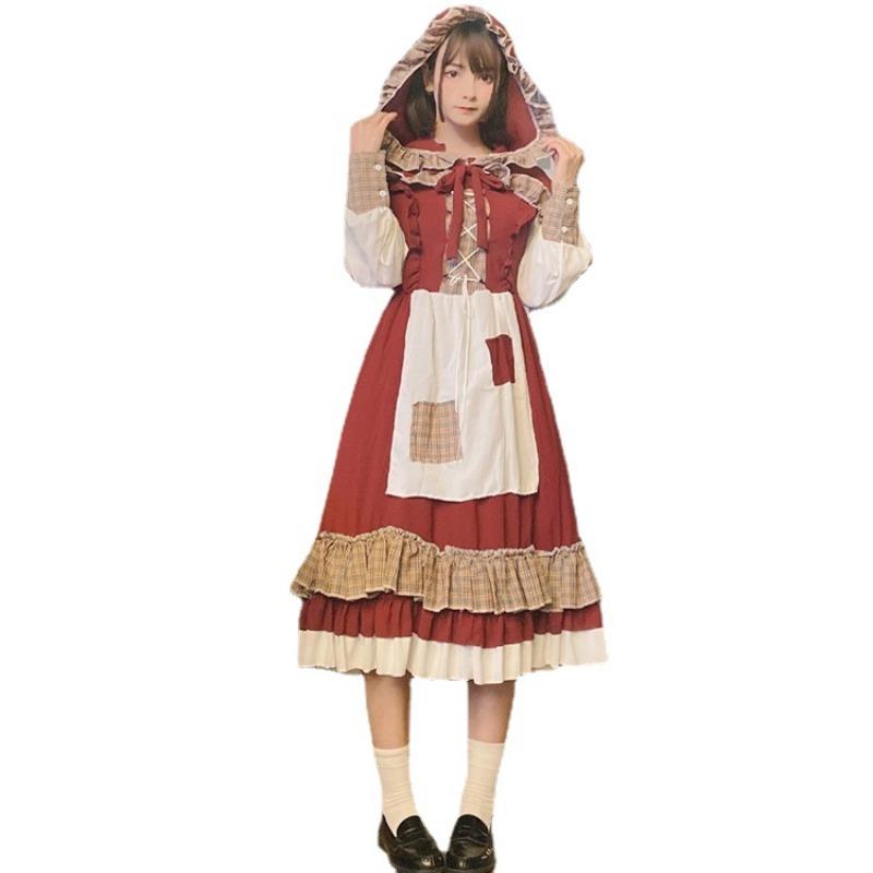 Halloween Costumes New Lolita Dress, Patched Lace Little Red Riding Hood, Burgundy Cute Dress