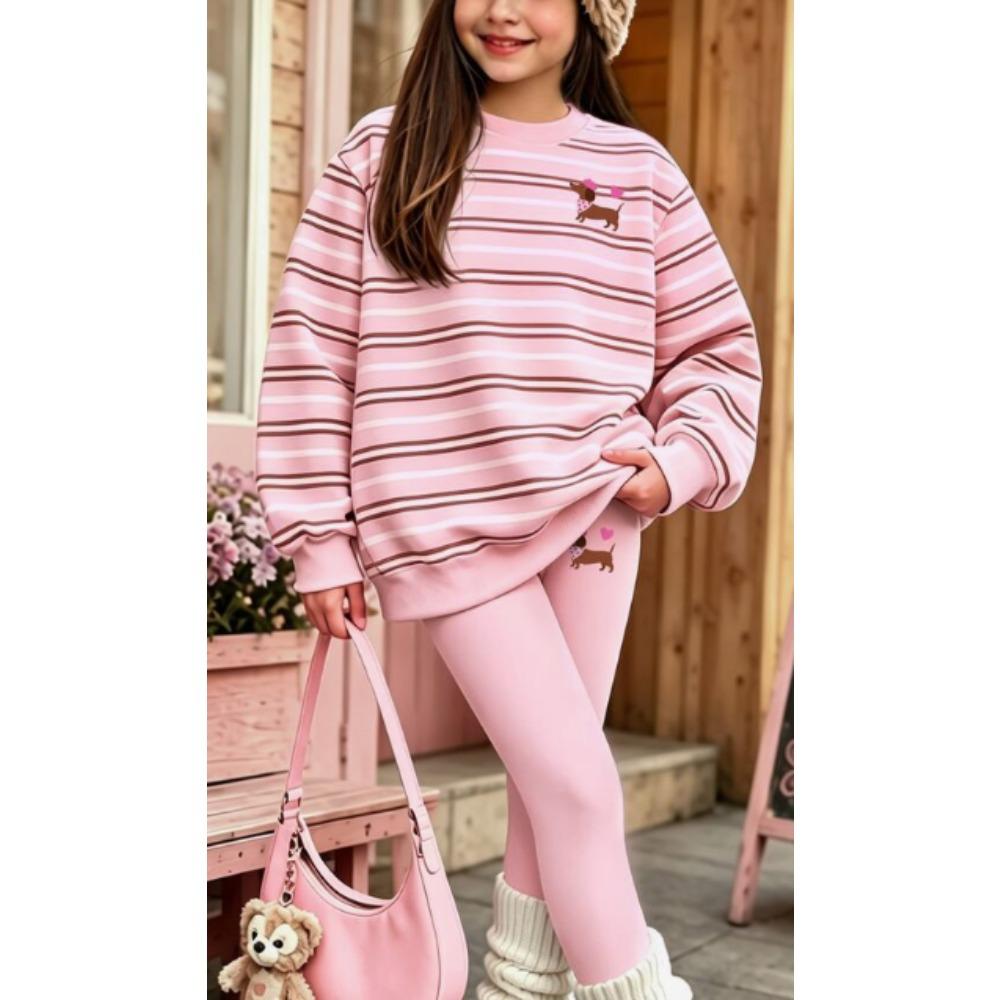 Girls' Stripe Print Casual Comfortable Soft Loose Pullover Sweatshirt and Leggings 2-Piece Set, New Autumn/Winter, Playful, Sweet and Cool Style