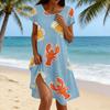 Women's Casual Short Sleeve Dress with Lobster and Beer Print Relaxed Fit Round Neck Mid-Length Summer Dress with Side Slit