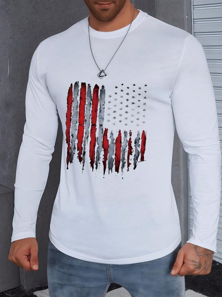 1pcs Men's Fall Long Sleeve Casual Tee Distressed American Flag Graphic T Shirt Vintage Style 100% Cotton Patriotic USA Digital Printed T Shirt For
