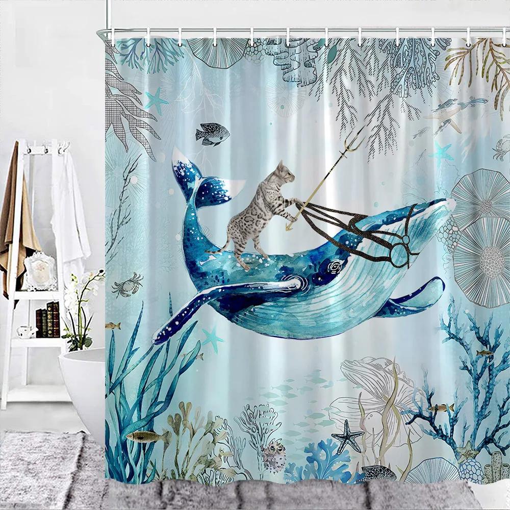 Sea Turtle Theme Shower Curtain Set Wooden Board Coral Water Plants Bubble Sea Life Bathroom Curtain Fabric Decor Washable Hooks