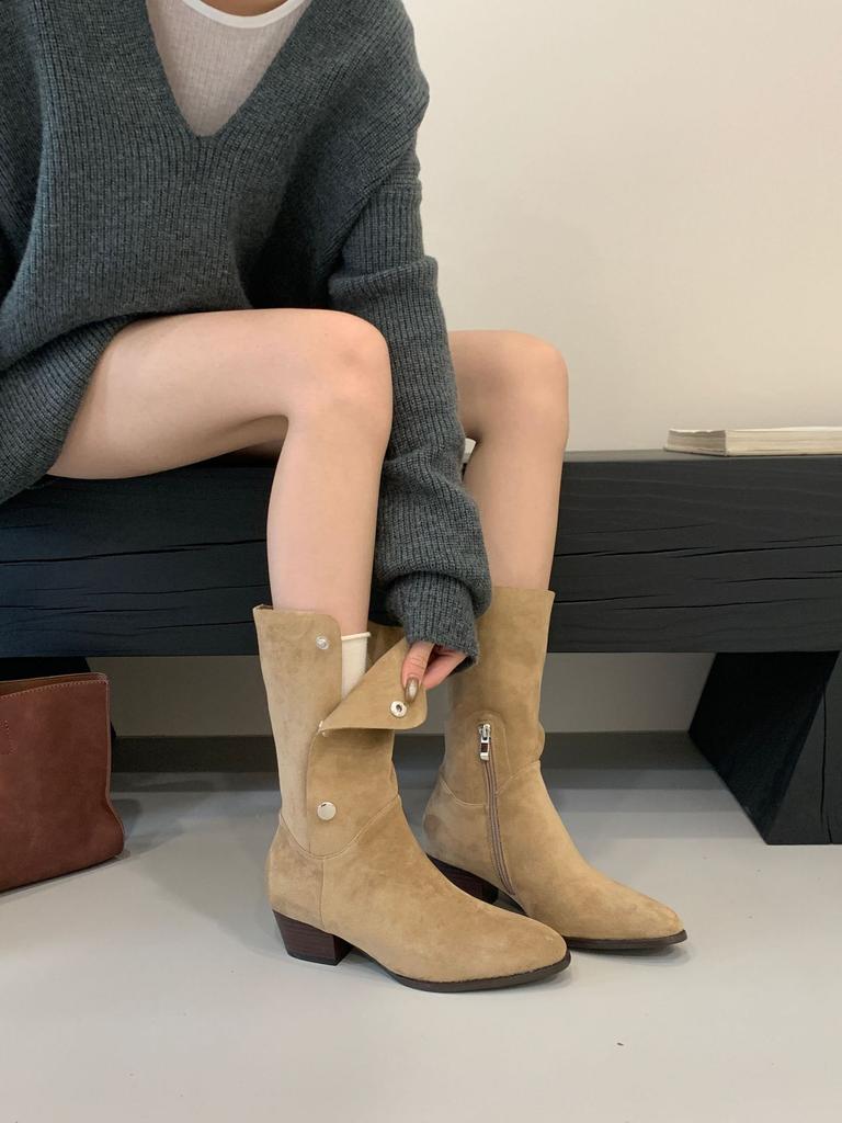 Three kinds of tube high button high boots slim pile boots western cowboy thick heel knight boots women 2025 autumn and winter