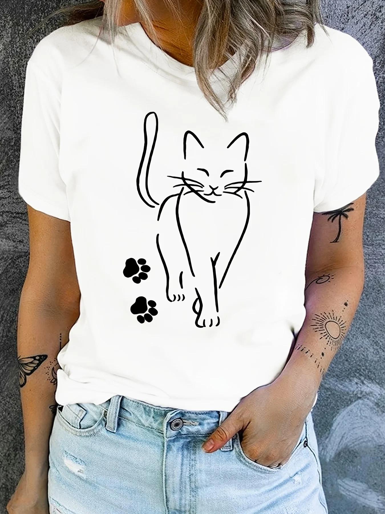Womens Cat Printed Round Neck Loose Tshirt with Simple Lines Cat Plus Size Comfortable and Casual Black Short Sleeved Top S