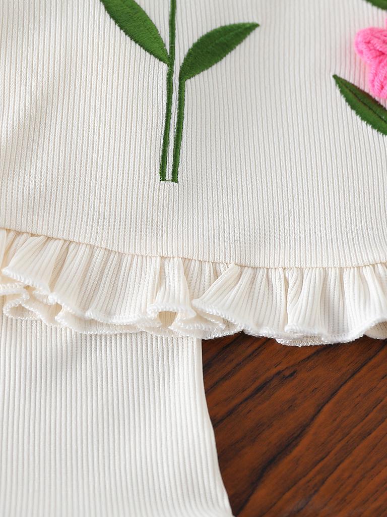 Baby Girl Summer Outfit Short Sleeve Round Neck Striped Top with 3D Flower Embroidery and Solid Color Ruffle Shorts 2Pcs Set