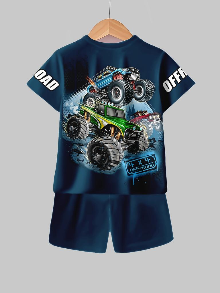 3D Monster Truck spaudinio laisvalaikio trumpomis rankovėmis marškinėlių ir šortų madingas komplektas vasaros žaidimams Laisvalaikio šortų berniukų ir mergaičių komplektas