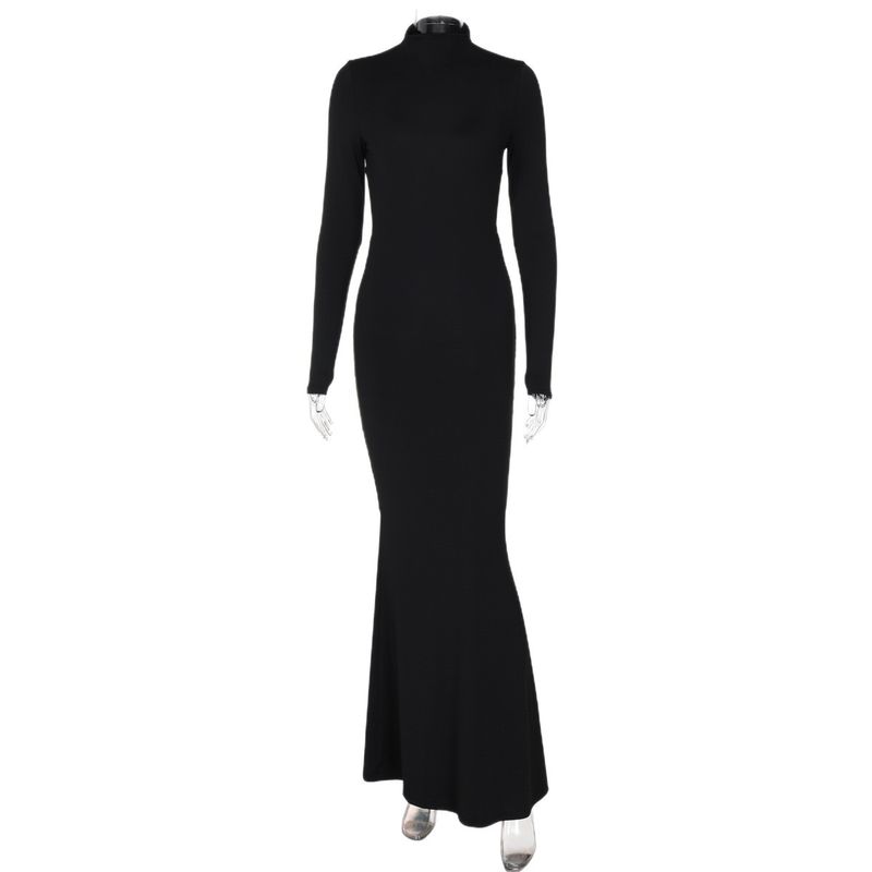 Europe and America Cross Border New Long Dress Pure Color Bare Back Half Turtleneck Fashionable, Elegant and Sexy Accessible Luxury Hip Bag Dress Tide